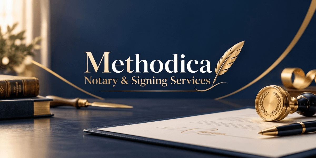 Elegant logo for Methodica Notary & Signing Services with a quill and seal design