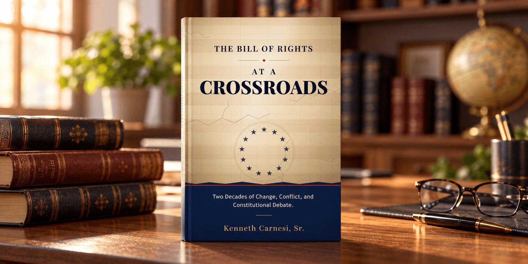 Book titled "The Bill of Rights at a Crossroads" on a wooden desk with books.