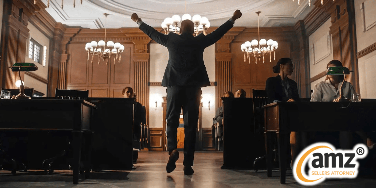 Attorney celebrates victory in courtroom, symbolizing AMZ Sellers Attorney’s $1.8 million arbitration win for Amazon e-commerce seller.