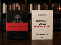 Shadan Kapri’s books The Red Movement and Corporate Greed displayed with scales of justice in a law library.