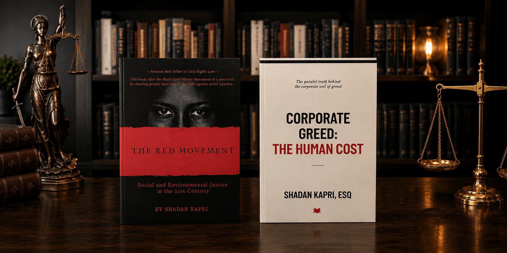 Shadan Kapri’s books The Red Movement and Corporate Greed displayed with scales of justice in a law library.