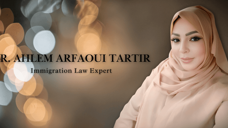 Portrait of Dr. Ahlem Arfaoui Tartir, Immigration Law Expert, with soft bokeh background and professional title text.
