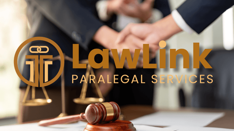 "LawLink Paralegal Services logo with a handshake, symbolizing seamless integration of virtual paralegal support for California law firms."