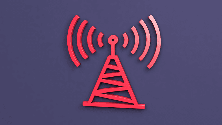 Red radio tower icon with signal waves on a purple background
