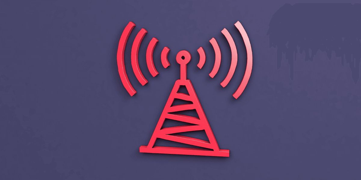 Red radio tower icon with signal waves on a purple background