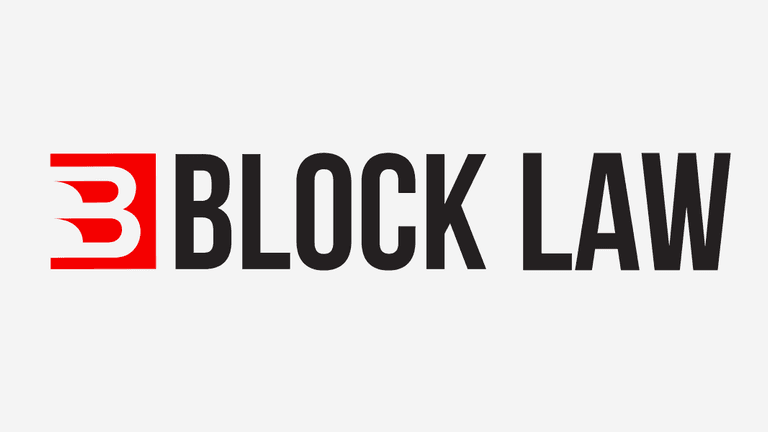 Logo featuring the text "BLOCK LAW" with a stylized letter B in red