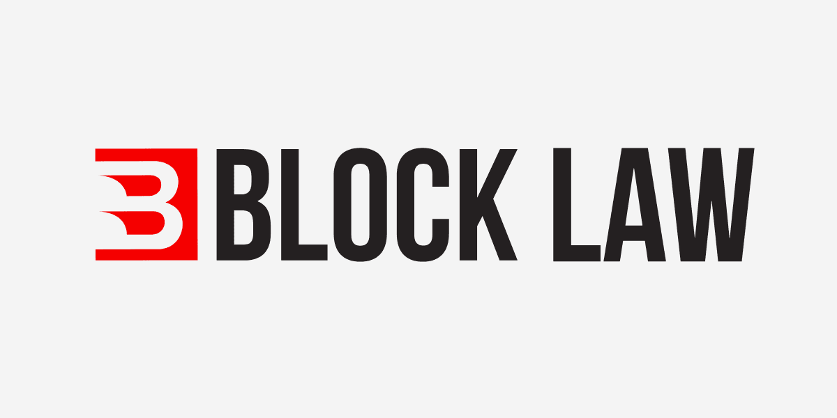 Logo featuring the text "BLOCK LAW" with a stylized letter B in red