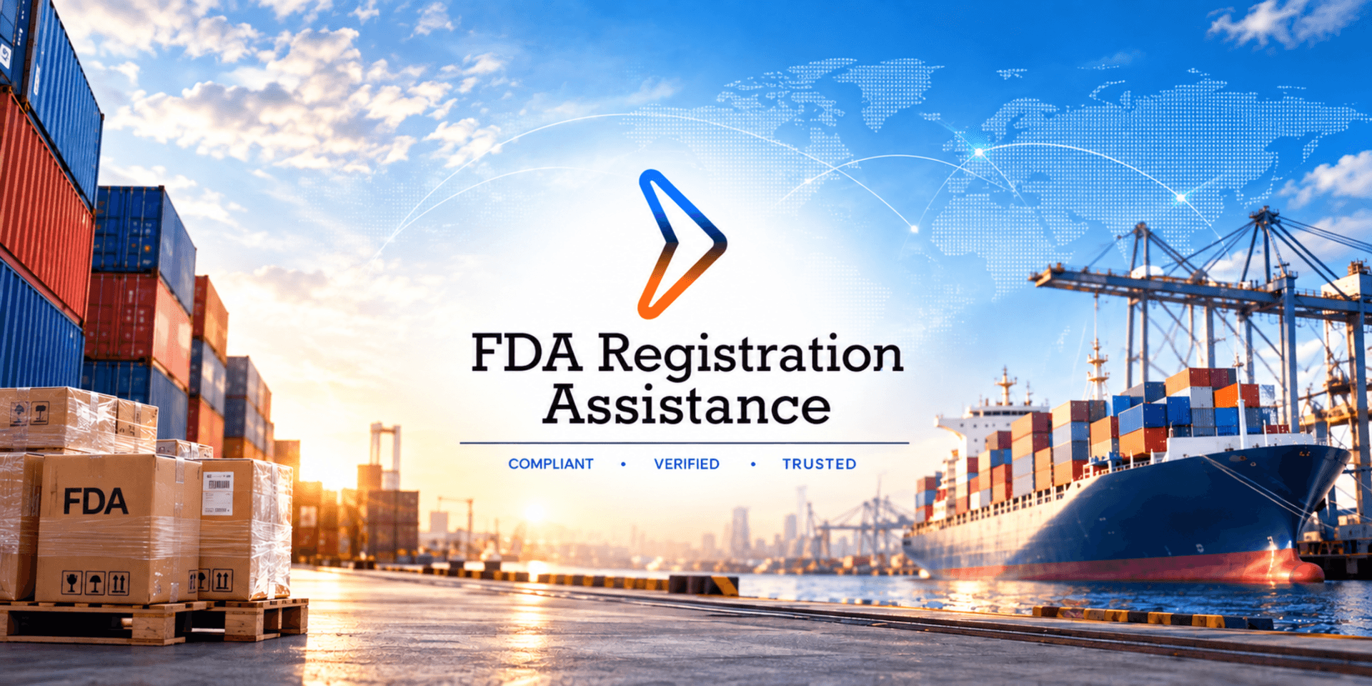 Shipping containers by a port with a cargo ship and FDA registration text
