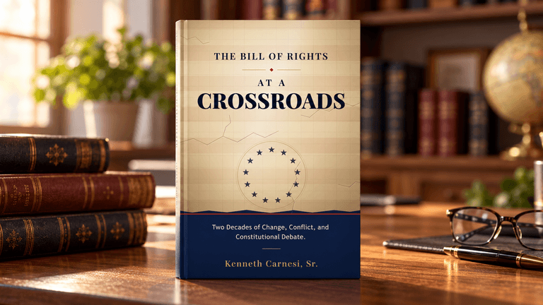 Book titled "The Bill of Rights at a Crossroads" on a wooden desk with books.