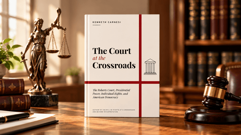 A book titled "The Court at the Crossroads" on a wooden desk with legal items