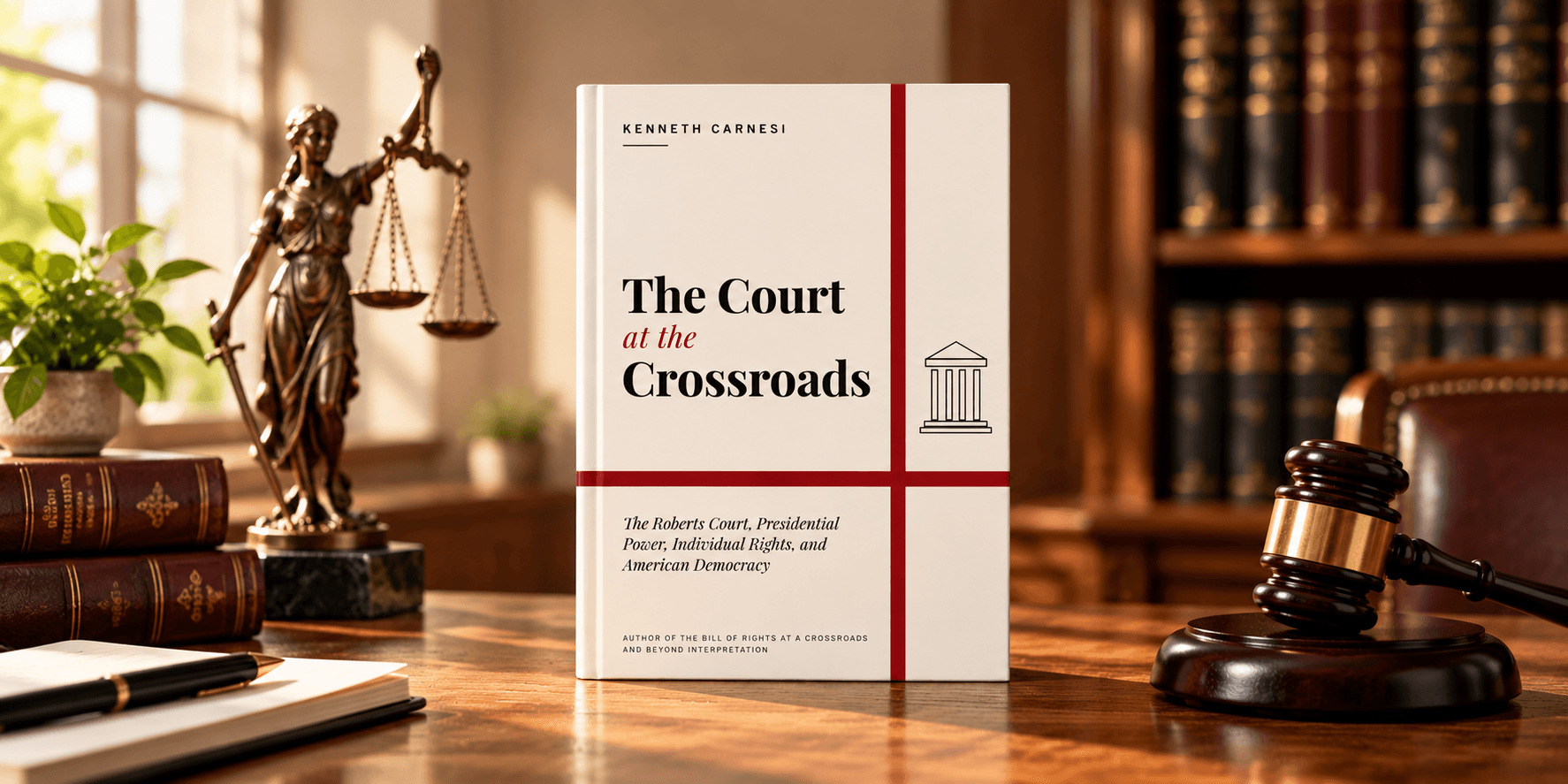 A book titled "The Court at the Crossroads" on a wooden desk with legal items
