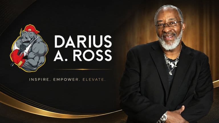Portrait of Darius A. Ross beside his name and rhino logo, promoting leadership, resilience, and personal transformation.