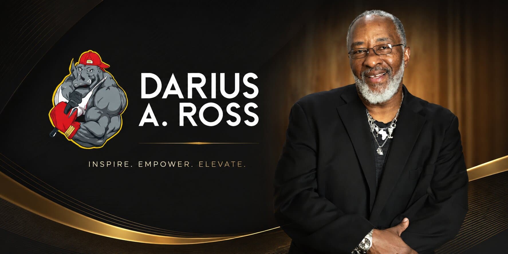 Portrait of Darius A. Ross beside his name and rhino logo, promoting leadership, resilience, and personal transformation.