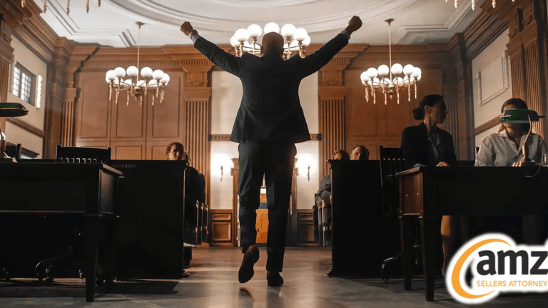 Attorney celebrates victory in courtroom, symbolizing AMZ Sellers Attorney’s $1.8 million arbitration win for Amazon e-commerce seller.