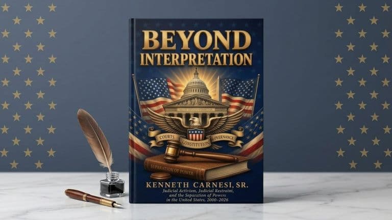 Beyond Interpretation by Kenneth Carnesi Sr. displayed with a quill, ink bottle, and pen.