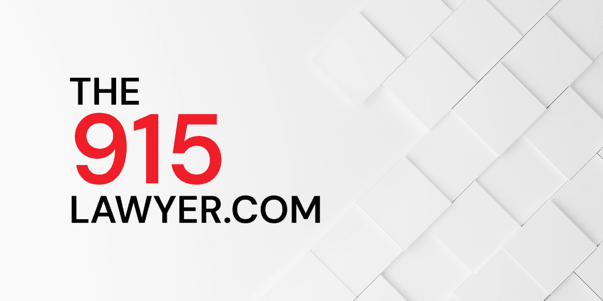 "Logo of The 915 Lawyer, featuring bold red text on the number '915' and black text for 'LAWYER.COM'. The background consists of a clean, modern design with white geometric patterns."