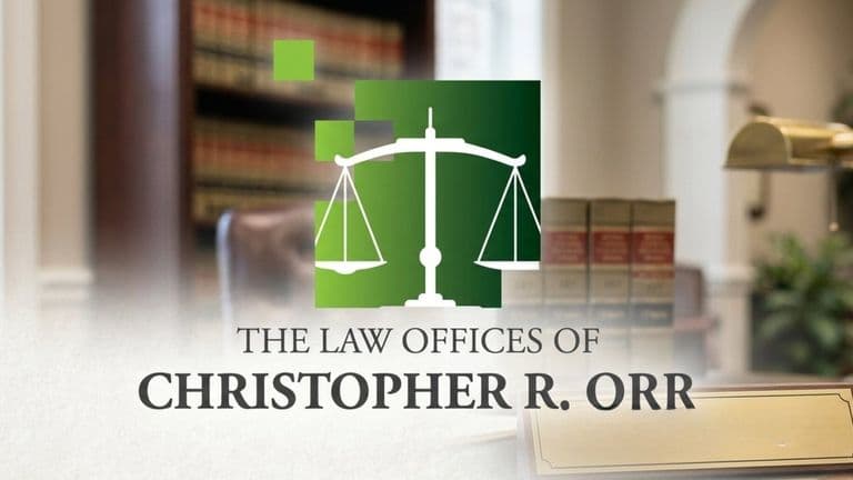 Logo for The Law Offices of Christopher R. Orr over blurred law office background with scales of justice icon.