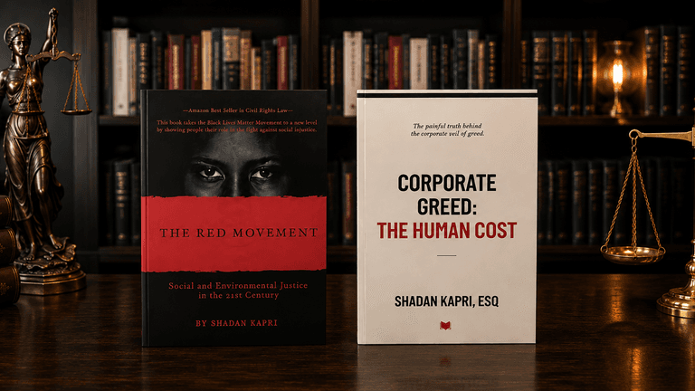 Shadan Kapri’s books The Red Movement and Corporate Greed displayed with scales of justice in a law library.