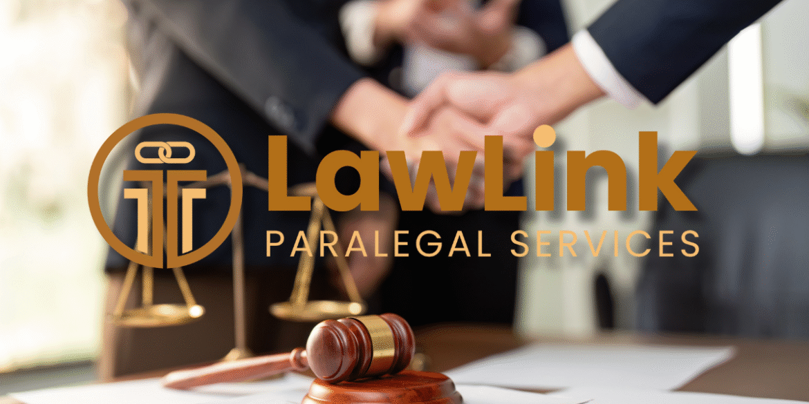 "LawLink Paralegal Services logo with a handshake, symbolizing seamless integration of virtual paralegal support for California law firms."