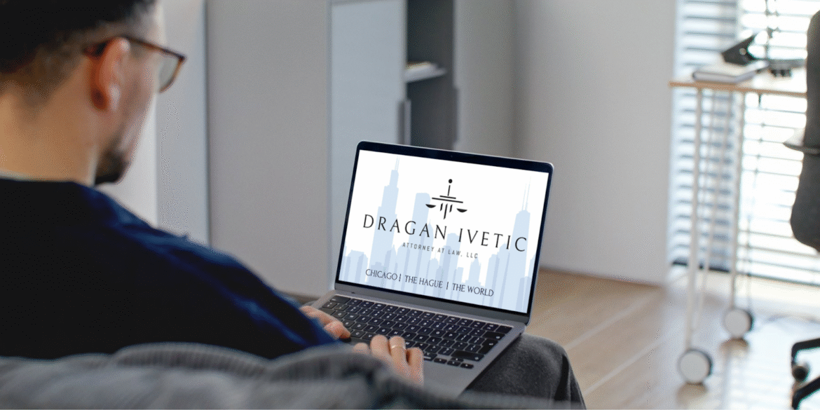 "Dragan Ivetic, Attorney at Law, LLC logo on laptop, symbolizing global trademark expertise with a focus on client care."