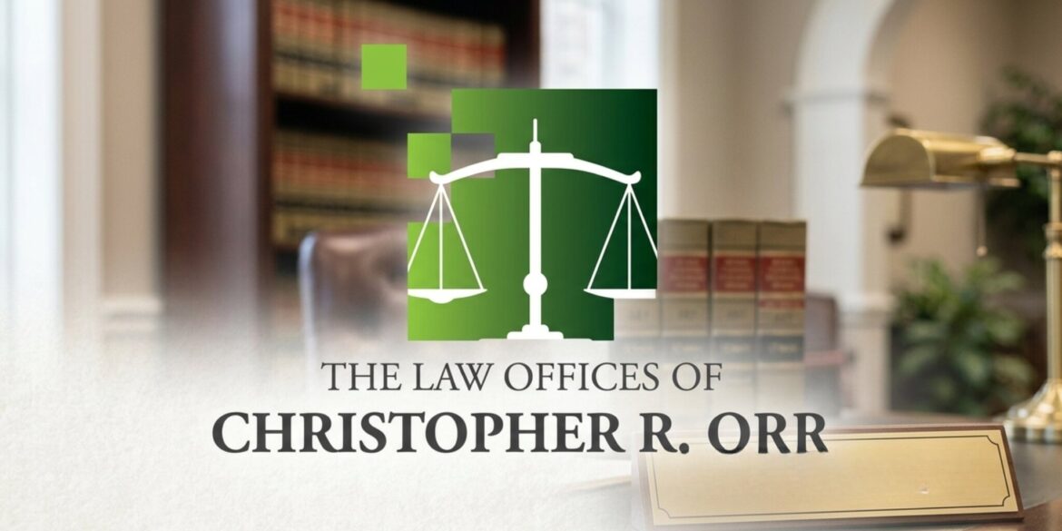 Logo for The Law Offices of Christopher R. Orr over blurred law office background with scales of justice icon.