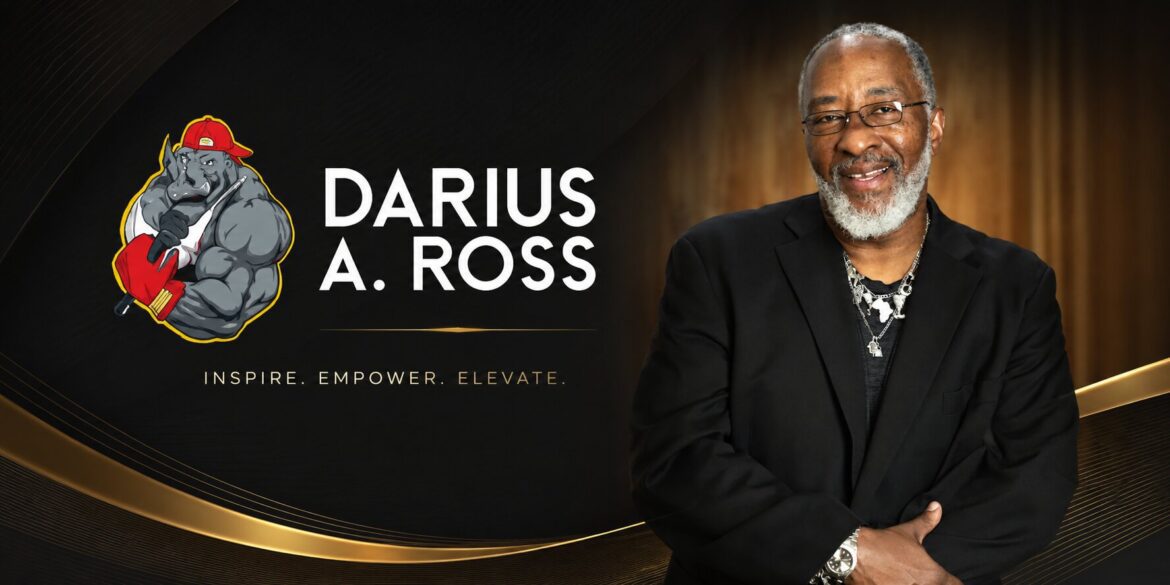 Portrait of Darius A. Ross beside his name and rhino logo, promoting leadership, resilience, and personal transformation.