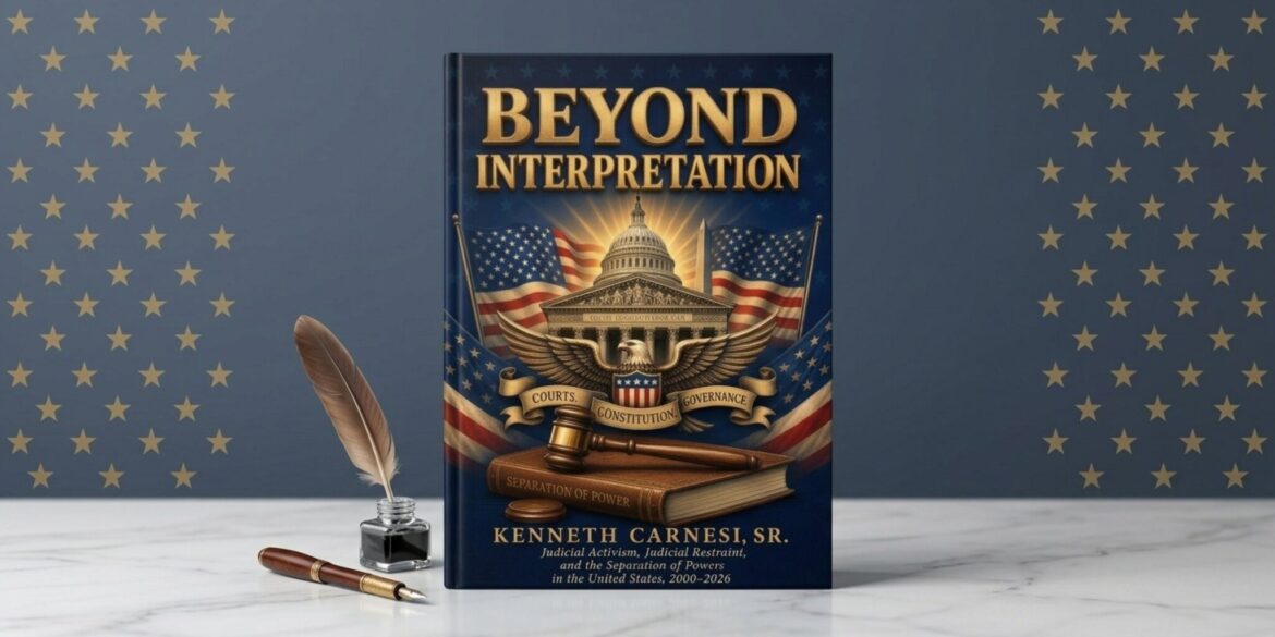 Beyond Interpretation by Kenneth Carnesi Sr. displayed with a quill, ink bottle, and pen.