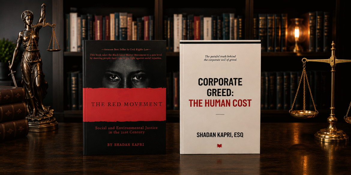 Shadan Kapri’s books The Red Movement and Corporate Greed displayed with scales of justice in a law library.